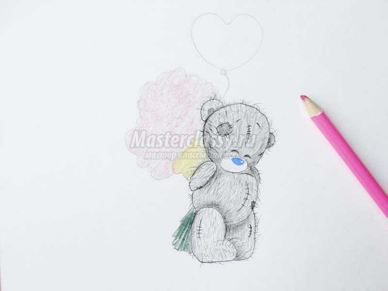 Как нарисовать мишку с сердечком карандашами поэтапно