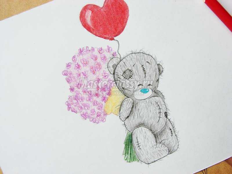 Мишка Тедди рисунок карандашом поэтапно легко для начинающих цветной с сердечком, цветами
