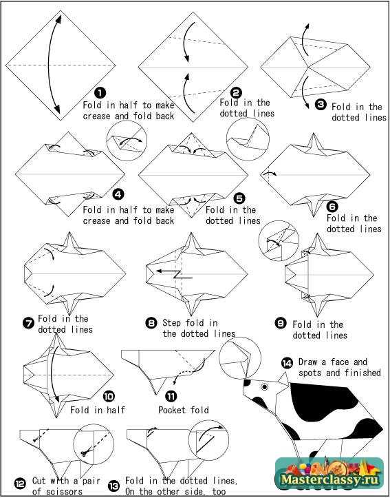 Корова из бумаги. Схема оригами