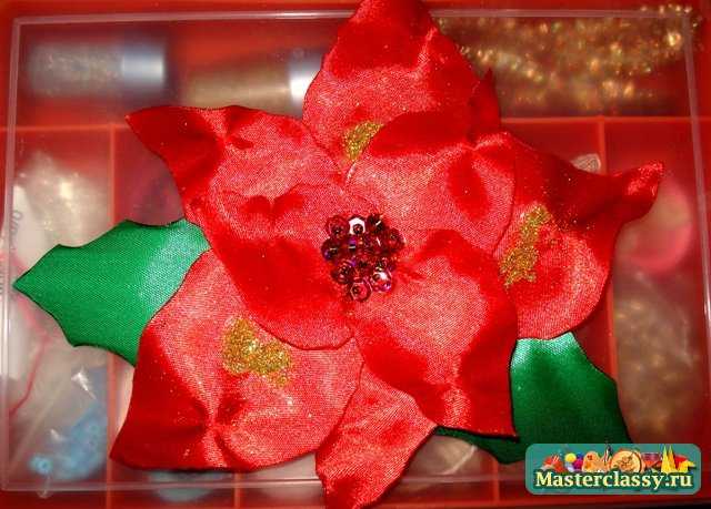Цветы из атласных лент. Символ Рождества – Пуансеттия. 