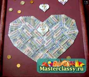 Подарок на свадьбу или годовщину. Картина из денег – сердце. Мастер класс с фото