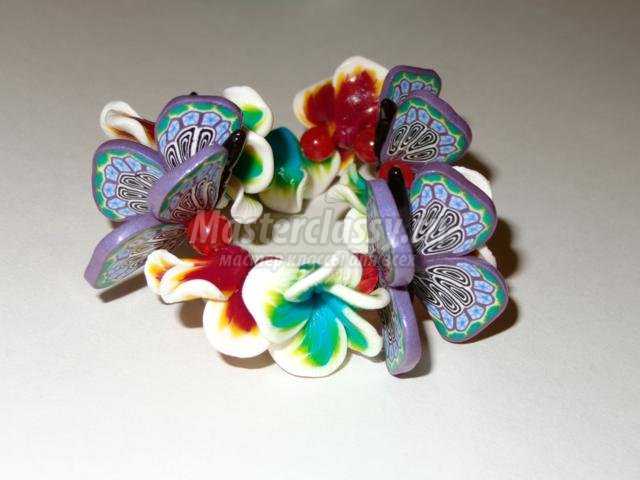 браслет и колье из полимерной глины с цветами