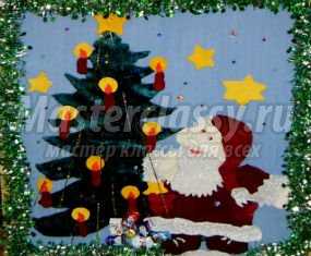 Новогодняя картина из ткани и елочной мишуры. Дед Мороз и елка. Мастер-класс с пошаговыми фото