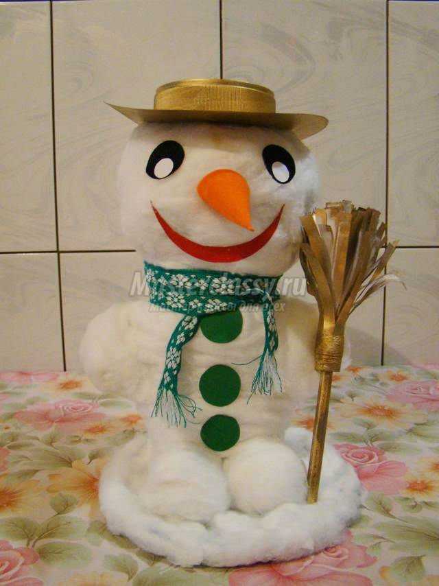 поделки к новому году. Снеговик из ваты в шляпе