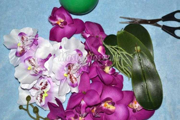 топиарий из текстильных орхидей. Фуксия в серебре