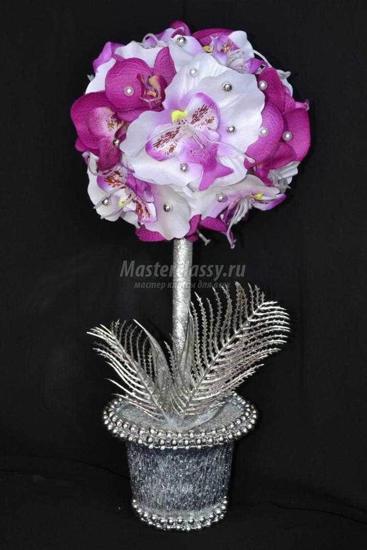 топиарий из текстильных орхидей. Фуксия в серебре