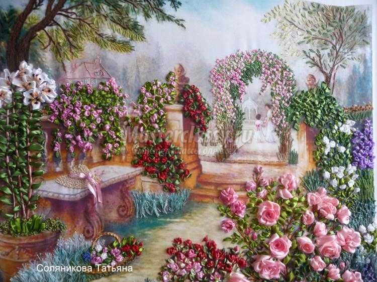 вышивка лентами картины. Розовый рай 