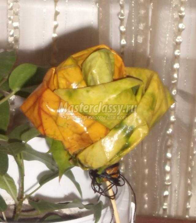 осенний топиарий с розами из кленовых листьев