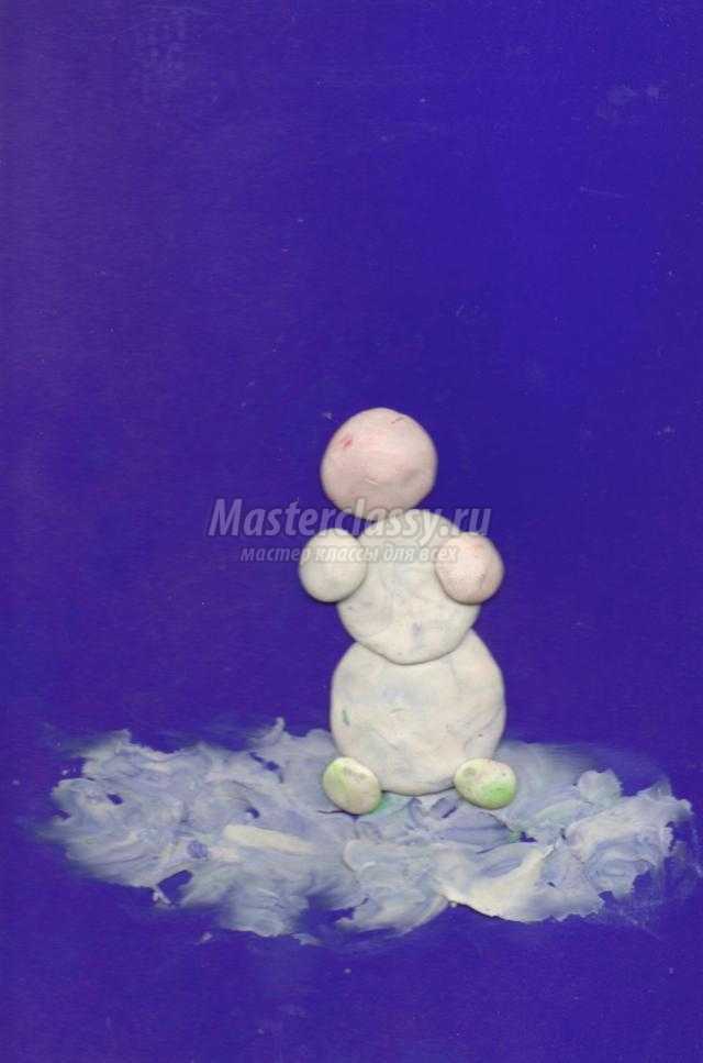новогодняя открытка из пластилина. Снеговик