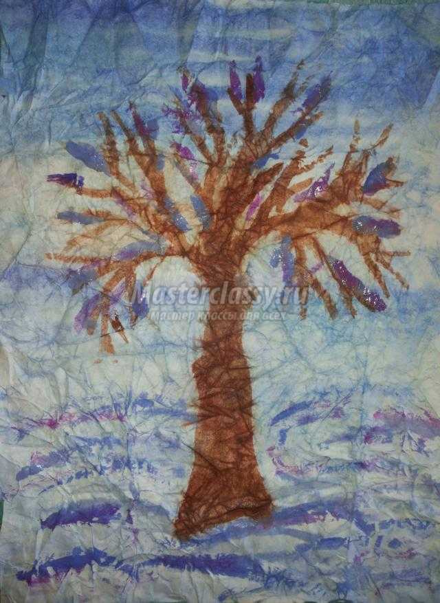 нетрадиционная техника рисования акварелью. Зимнее дерево