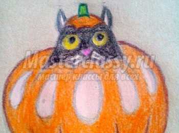 Рисунок на Хэллоуин "Кот в тыкве". Мастер-класс пошаговый с фото
